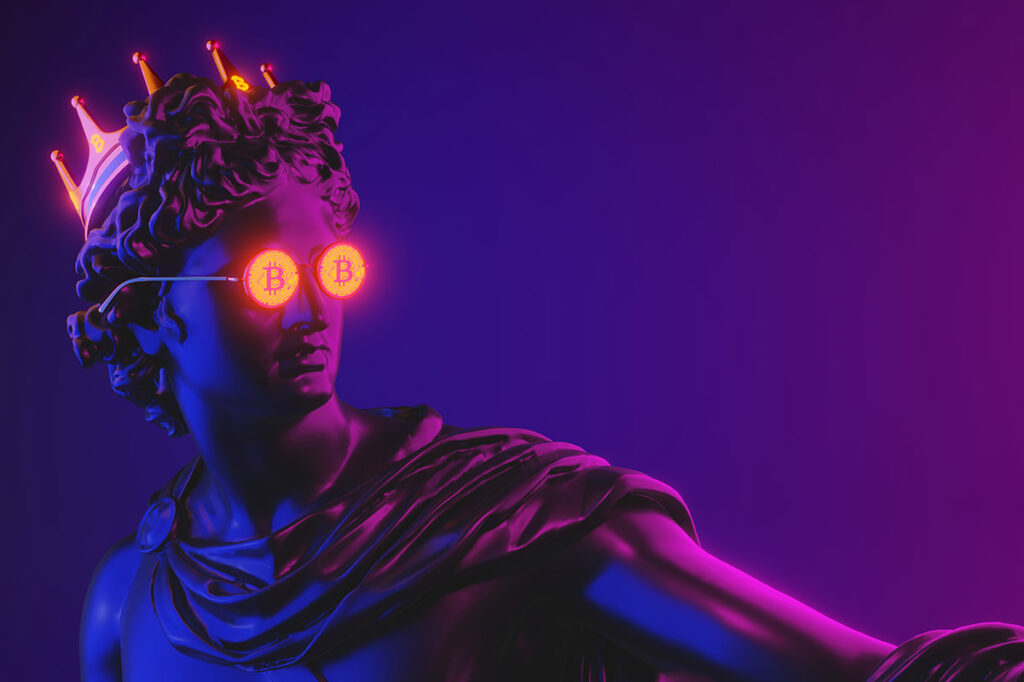 statue avec des bitcoins crypto à la place des yeux