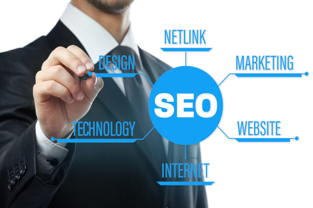 homme pointant avec un stylet un hologramme représentant les domaines importants d'un site web entreprise et le netlinking