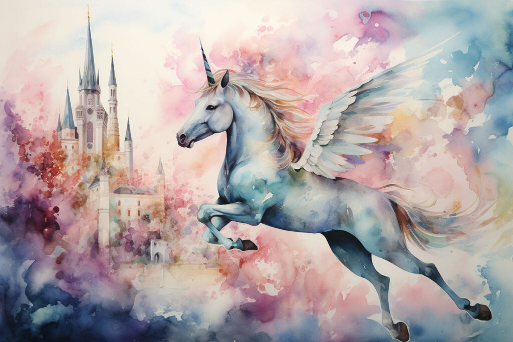 animaux fantastiques : une licorne vole au-dessus d'un château