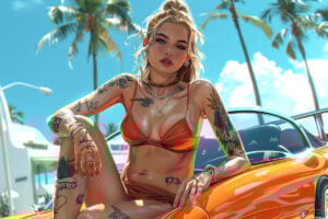 Artwork Alternatif GTA 6 - une fille est assise sur le capot d'une voiture de sport